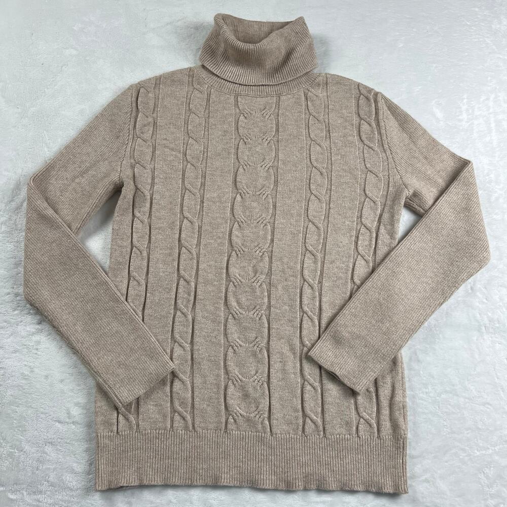 Women's Beige Cable Knit Turtleneck Sweater Size Medium